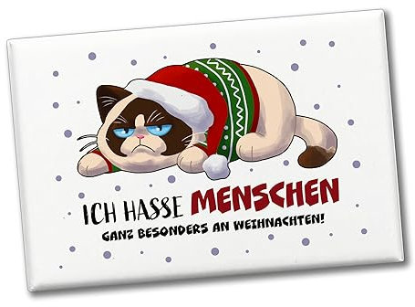 Ich Hasse Menschen – besonders an Weihnachten Souvenir Magnet mit grimmiger Katze als Dekoration für den Kühlschrank zur Adventzeit für Weihnachtsmuffel die Katzen lieben Aber