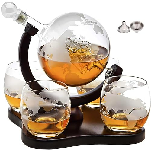 Whiskey Decanter Globe Set with 4 Etched Globe Whisky Glasses Gifts For Men Dad, Husband, Mancave - for Liquor, Bourbon, Scotch, Vodka - 850ml
