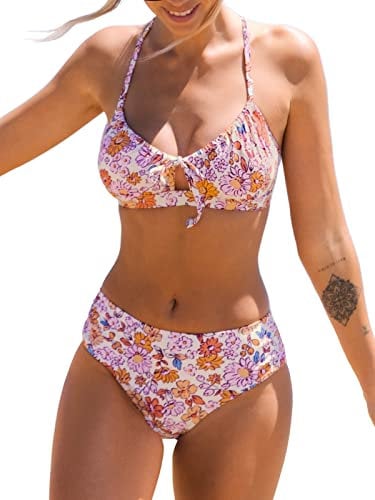 CUPSHE Women Bikini Set Mid Waisted Bottom Floral Crisscross Back Tie Scoop Neck Cut Out Two Piece Swimsuits Swimming Costume Purple Floral L