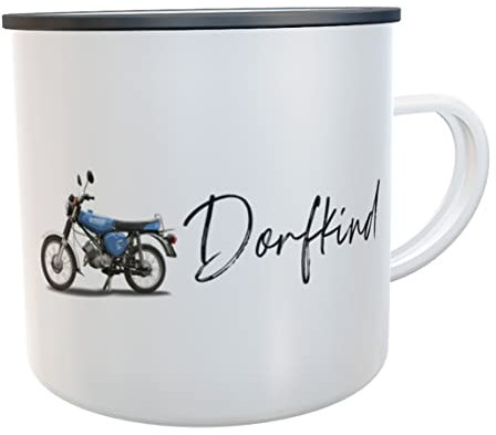 Tasse Dorfkind Emaille-Becher Kaffeetasse mit Spruch Emailletasse Dorfkinder Blechtasse Landfrauen (Moped blau)