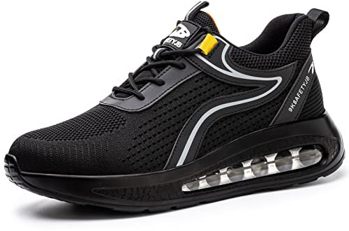 OBQcare Sicherheitsschuhe Herren Damen 45 Leicht Arbeitsschuhe Herren mit Stahlkappe Arbeit Schuhe Sportlich Schutzschuhe rutschfest Atmungsaktiv Trekkingschuhe Schwarz Silber