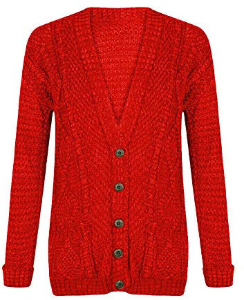 AJFASHION Womans Cardigan Ladies Cable Chunky Knit Cardigan Button Long Sleeves Grandad Cardigans Jumper UK Plus Small Sizes (Red, UK 20-22)