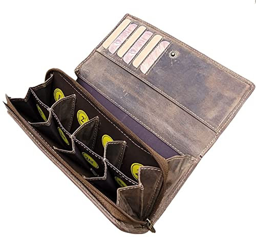 Frédéric Johns Geldbörse mit Münzfach und Geldscheinfach - 8 Separate Fächer - Euro Sortierer - Schein Fach - Geschenkidee aus Leder (Braun, XL)