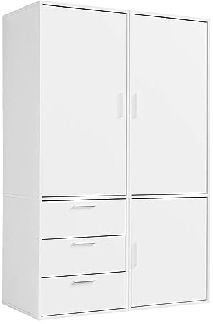 mokebo Kleiderschrank (120x187 cm) aus Holz 3-türig & 3 Schubladen 'Der Grenzenlose' modularer & kombinierbarer Schlafzimmerschrank, Garderobenschrank, Flurschrank, Drehtürenschrank, Schrank in Weiß