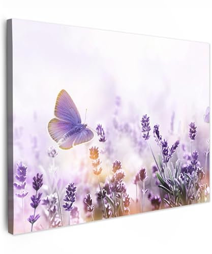 MuchoWow© Stampe su Tela moderne 80x60 cm Quadro Moderno Soggiorno Quadretti da Parete Room Decor Lavanda - Farfalla - Viola - con Fiori - Natura
