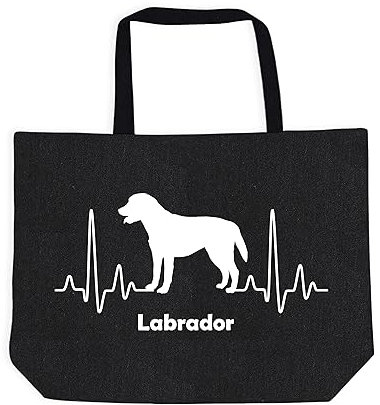 Merchandise for Fans Einkaufstasche Umhängetasche Schultertasche Baumwolltasche Shopper - schwarz - für Schule, Arbeit, Einkauf: Herzschlag EKG Hund Labrador 01