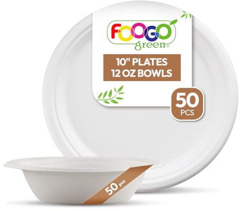 FOOGO Green 100pcs Disposable Sugarcane Fibre Strong Paper Plates and Bowls Set, 50x Large Round Plates, 50x Dessert Bowls, Eco Friendly Biodegradable, Wedding, Party