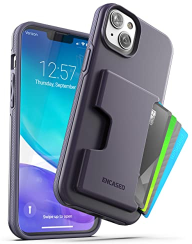ENCASED Protective Wallet Case Designed for iPhone 15 Plus with Card Holder (4 Credit Cards/IDs) - Purple
