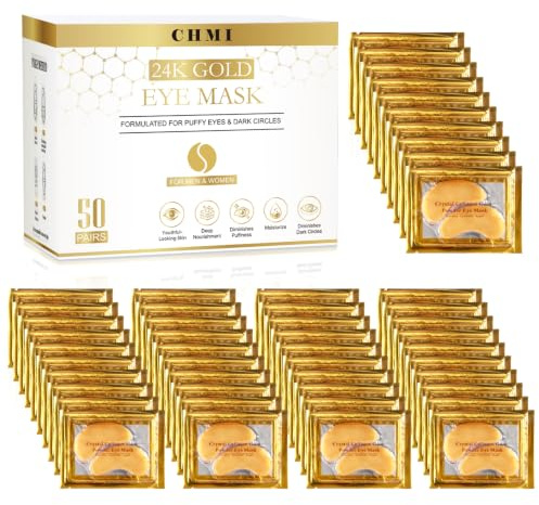CHMI Under Eye Patches (50 Pairs) - 24K Gold Eye Patches for Puffy Eyes, Dark Circles, EyeBags and Wrinkles, Collagen Skin Care Products, Beauty & Personal Care