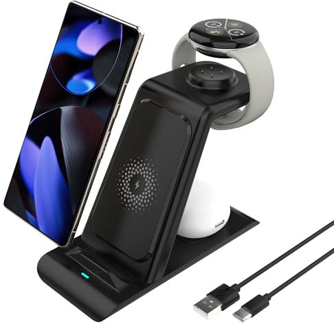 SPGUARD Induktive Ladestation für Google Pixel Watch 3/2, 3 in 1 Ladeständer mit Google Pixel 9/9 Pro/9Pro XL/8/8a/7/7a/7, Kabelloses Ladegerät für Pixel Buds Pro(Nicht anwendbar auf Pixel Watch 1)