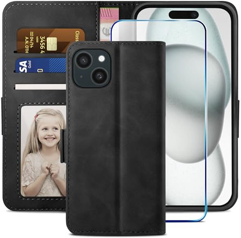 YATWIN Kompatibel mit iPhone 15 Hülle und iPhone 15 Handyhülle +1 Stück Panzerglas Schutzfolie, Klapphülle Premium Leder Brieftasche Schutzhülle Handytasche für iPhone 15 Case,Schwarz