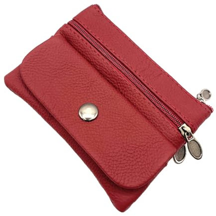 Charmoni - Portefeuille Porte Monnaie - Portefeuille - Multi Poches - Zip et Bouton Pression - en Cuir véritable - pour Homme (Cuir Vache, Rouge)
