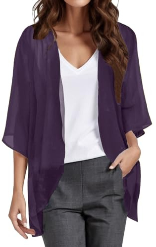 Damen Sommer Chiffon Kimono Cardigan Leicht Casual 3/4 Ärmel Beachwear Bikini Cover Up Strickjacke Einfarbige Lang Sommerjacke Strand Shawl Bluse Oberteil Tops Offene Front Jacke (2-Purple, XXL)