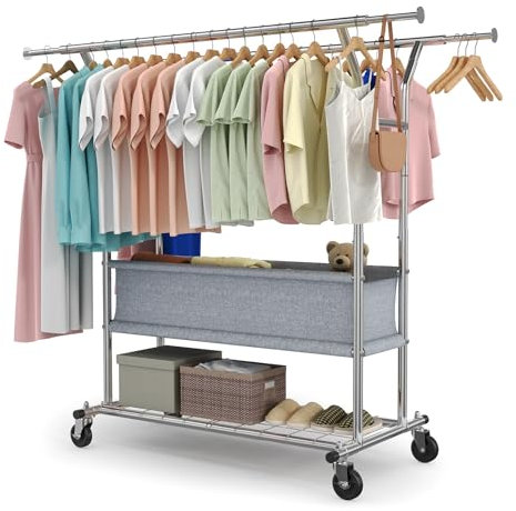 HOKEEPER Heavy Duty Double Rail Clothes Rack on Wheels, 283kg(625lbs) Capacity, with Fabric Storage Basket & Bottom Shelf, Extendable Length & Height for Bedroom, Boutique, Yard Sale