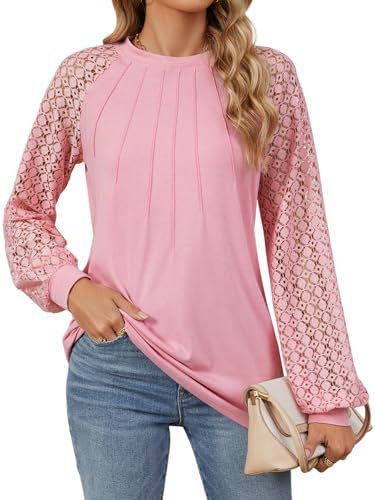 Decorie Camicia Elegante Donna in Pizzo - Maglia Manica Lunga, Top, Blusa Casual, T-Shirt, Maglietta (Rosa, M)