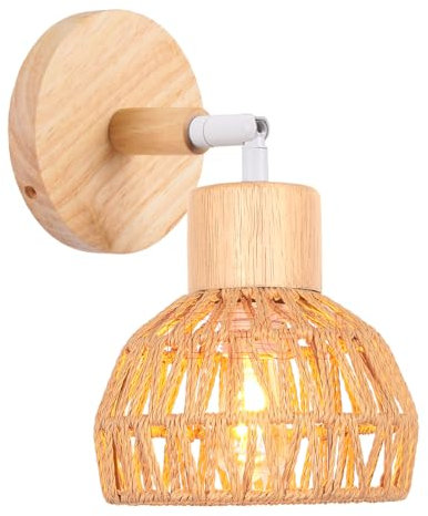 iDEGU Wandleuchte Innen Boho E27 Wandlampe aus Holz 15cm Lampenschirm Rattan Verstellbar Deckenleuchte Retro Dekoration Vintage Lampe für Schlafzimmer, Schlafzimmer, Flur, Restaurant (Braun)