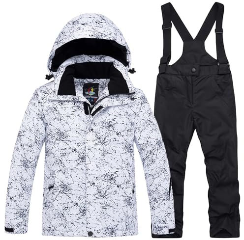 Amur Leopard Kinder Mädchen Skianzug 2 Teilig Skijacke mit Kapuze + Skihose Winddicht Wasserdicht Verfickte Schneeanzug Jungen, Weiße Jacke+Schwarze Hose, 152-158 (Etikettengröße: XXL)
