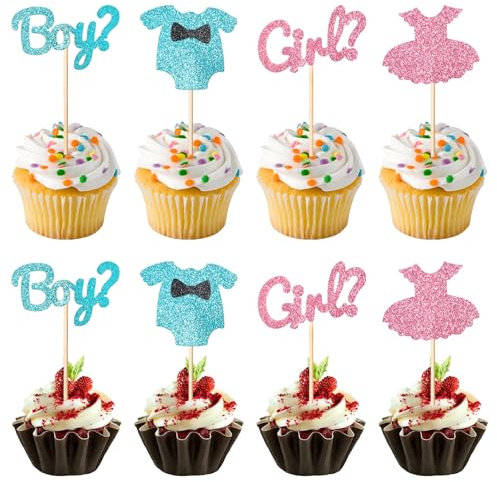 JJUNW 36 Stück Boy or Girl Tortendeko Cake Topper, Junge oder Mädchen Cupcake Toppers Glitzer Gender Reveal Party Deko für Baby Shower Kindergeburtstagtoppers Glitter Blau Rosa