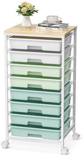 SYKIARIOL Badrollwagen Rollwagen mit 8 Schubladen, Schubladenwagen Rollcontainer mit Holztischplatte für Wohnzimmer Schlafzimmer Büro, großes Fassungsvermögen Bastelwagen,grün