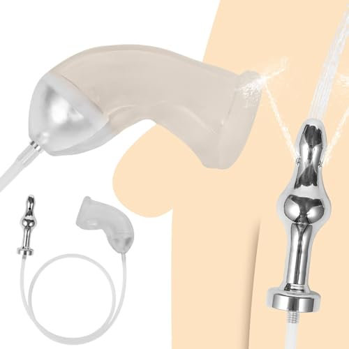 NAIXBTY 2 IN 1 Weich Penis Sleeve mit Edelstahl Hohl Analplug Buttplug Silikon Urinal Piss Trichter mit Metall Katheter Einlauf Analdusche Bondage Set Slave Extreme SM Sex Spielzeug für Männer Paare