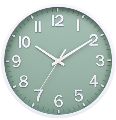 Moiubik Wall Clock 12 Silent Non-Ticking,Modern Wall Clocks Battery Operated for Living Room Bedroom Kitchen Office Classroom Decor(green white)
