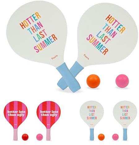 Fisura – Set Raquettes Plage Original “Hotter Than Last Summer”. Palettes Bois Blanches et Bleues avec Sac Filet. Accessoire Estival ludique. 2 balles fournies.