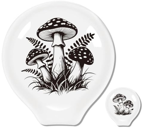 ANATTASOUL 2Pcs Coffee Ceramic Spoon Rest Mushrooms and Ferns Pattern 3.34x3.54 Cute Spoon Holder, Heat Resistant Utensil Holder for Coffee Bar Decor Women Men