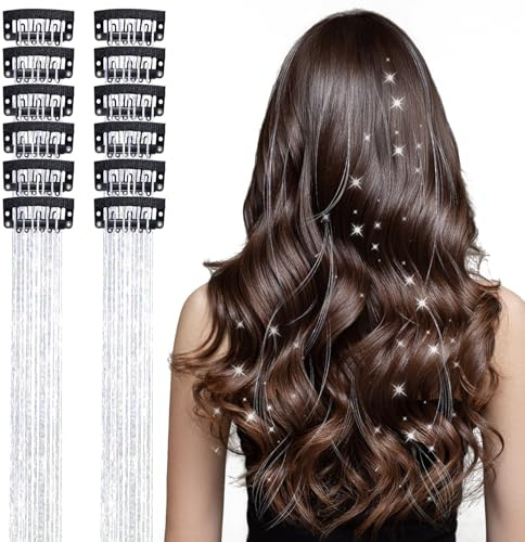 12 Stück Lametta-Extensions, 50 cm lange, hitzebeständige Glitzersträhnen für Damen und Kinder, funkelnde Feen-Haaraccessoires für Partys – Silber