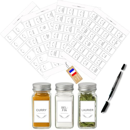 Etiquettes autocollantes bocaux cuisine (Rectangulaires – 96 étiquettes épices blanches)