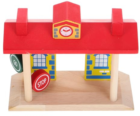 TOBBOMEY Holzeisenbahn Zubehör Kinder Bahn Tankstelle mit Barrieren Spielzeugeisenbahn Spielset Vorschule Kreativität und Verkehrssicherheit