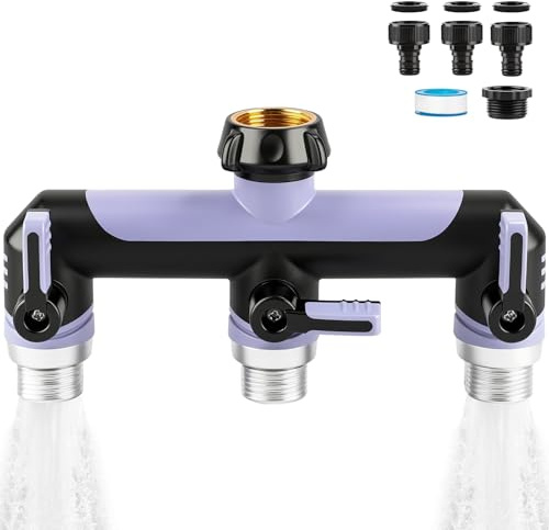 Landrip Splitter per tubo da giardino a 3 vie, splitter per rubinetto esterno da 3/4 di pollice, flusso completo, resistente, adattatore per tubo flessibile con 3 valvole individuali, per rubinetto da