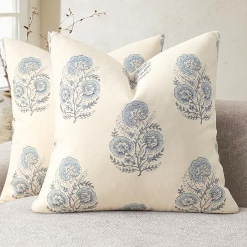 YCOLL Vintage Blumendruck Kissenbezug 45x45 2er Set Blumen Kissenbezüge, Sofakissen, Modernes Design Dekokissen für Sofa, Couch, Stuhl, Bett, Wohnzimmer Heimdekoration, Hellblau