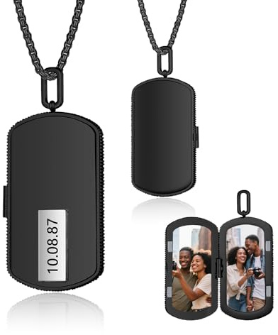 kaululu Personalisierte Herren Foto Kette mit Text Edelstahl Foto Medaillon Anhänger für Männer Papa Opa Vatertagsgeschenk