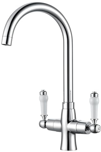 HPWVKVDB Traditional Kitchen Sink Mixer Tap with White Ceramic Dual Levers | Chrome Victorian Style Vintage Kitchen Mixer Taps 1 Hole Swan Neck Brass 360° Swivel Faucet Easy Fit for Kitchen Renovation
