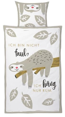 H:)PPY life Bettwäsche Motiv Faultier | 135 cm x 200 cm | Kissen 80 cm x 80 cm | Baumwolle, Reißverschluss | Bettwäsche Garnitur | 45175