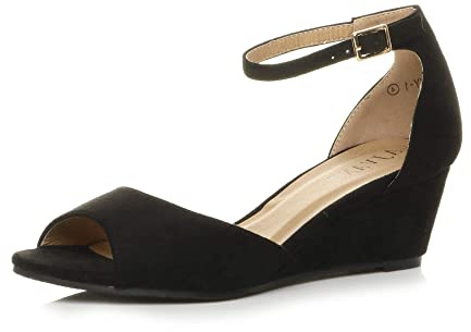 AJVANI Womens ladies low mid wedge heel peep toe ankle strap smart casual evening sandals size
