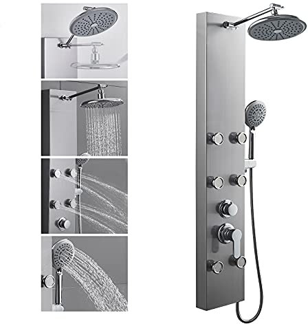 ROVOGO 304 Stainless Steel Shower Panels System with 8-inch Rainfall Shower, 6 Body Jets and 5-Setting Handheld Shower Wand, Shower Tower with Adjustable Head, Brushed