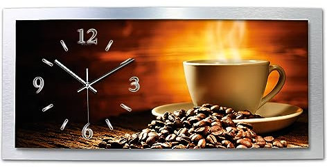 Kreative Feder 3D Designer-Wanduhr Kaffeegenuss in modernem Metallic-Design; leise Quarzuhr mit Motiv wahlweise in Zwei Größen (Kaffeegenuss, 80x40cm; leises Quarzuhrwerk)