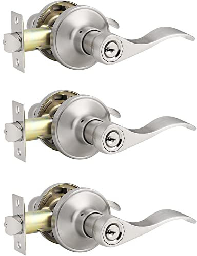 Probrico 3 Pack Entry Door Knob with Key Stainless Steel Exterior Door Handle Wave Security Front Door Lock Set Satin Nickel