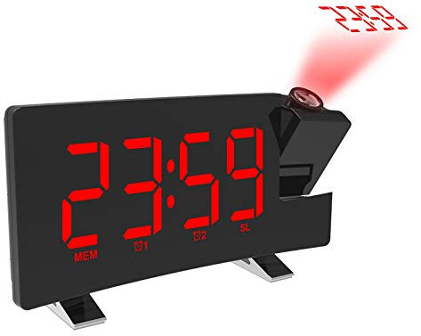 ALLOMN Projection Alarm Clock, FM Digital Alarm Clock Curved-ScreenFM Radio/Time Projection/Adjustable Projector/Snooze/Dual Alarms/USB Charger Port/12/24 Hour/Dimmer (Red)