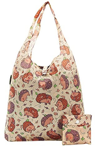 Eco Chic Lightweight Foldable Reusable Shopping Bag | Water Resistant Shopping Tote Bag | Folds Into Attached Pouch for Storage | Made from Recycled Plastic Bottles (Hedgehog Beige)