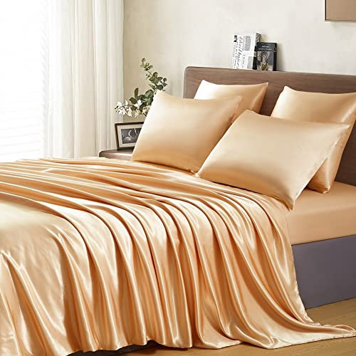 Lanqinglv Satin Bettwäsche Set 135x200 cm Gold Seide Glatt Glanzsatin Luxus Sommerbettwäsche Set Satin Polyester Uni Bettbezug mit Reißverschluss und 1 Kissenbezug 80x80cm