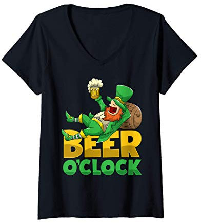 Damen St. Patrick's Day Irish Leprechaun Bier Uhr Getränk T-Shirt mit V-Ausschnitt