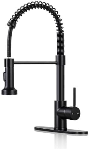 DJS Kitchen Faucets with Pull Down Sprayer, Faucet for Kitchen Sink, Brass Black Single Handle Single Lever High Arc Spring Faucet with Deck Plate for 1 or 3 Holes Sinks. (Matte Black)