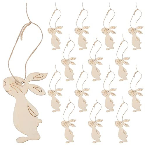 Ostern Anhänger Holz Hasen Kaninchen Figur Holzscheiben mit Loch Baumscheiben Geschenkanhänger Hängende Ostern Dekoration zum Bemalen Basteln mit Schnur Khaki 20 Stück