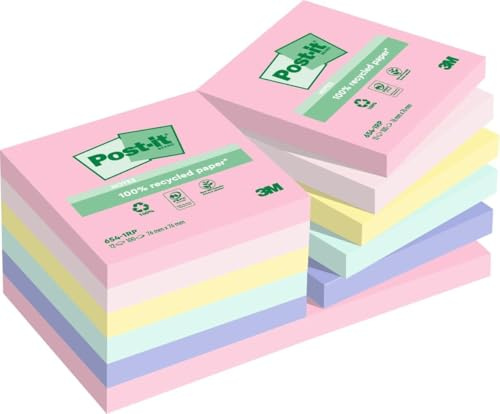 Post-it Recycling-Notes, 12 Blöcke (1200 Blatt), 76 mm x 76 mm | Selbstklebende Notizzettel aus Recyclingpapier für Erinnerungen, Listen und Planung; Haften und Lassen Sich Sauber Entfernen