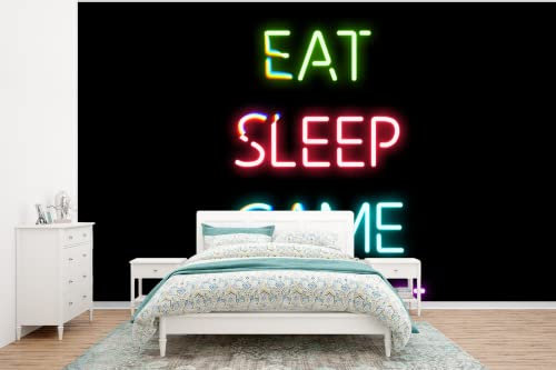 MuchoWow Papier peint Gaming - Led - Quote - Eat sleep game repeat - Gaming Papier peint photo 375x280 cm Papier peint imprimé