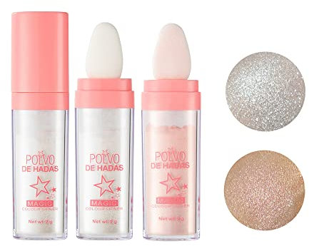Fairy Highlight Patting Powder Highlighter,Glitter Highlighter,Fairy Highlighter Powder Body Highlighter-ROSPRETTY Highlighter Stick Glitter Highlighter Body Glitter Powder Stick-Weiß+Rosa