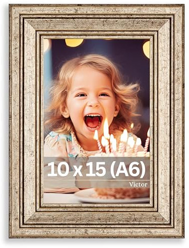 VictoR Bilderrahmen Goya in Silber in 10x15 cm (A6) - Leiste: 31x19mm - Fotorahmen im Vintage Stil mit bruchsicherem Acrylglas - Bilderrahmen 10x15 Silber