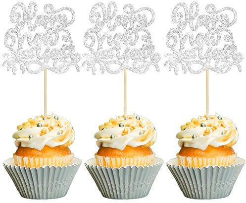 Gyufise 24 Stück 2025 Happy New Years Cupcake Toppers Silber Glitzer 2025 Happy New Year Party Dekorationen für Happy 2025 Cheers to 2025 Hello 2025 Silvester Party Dekorationen Supplies